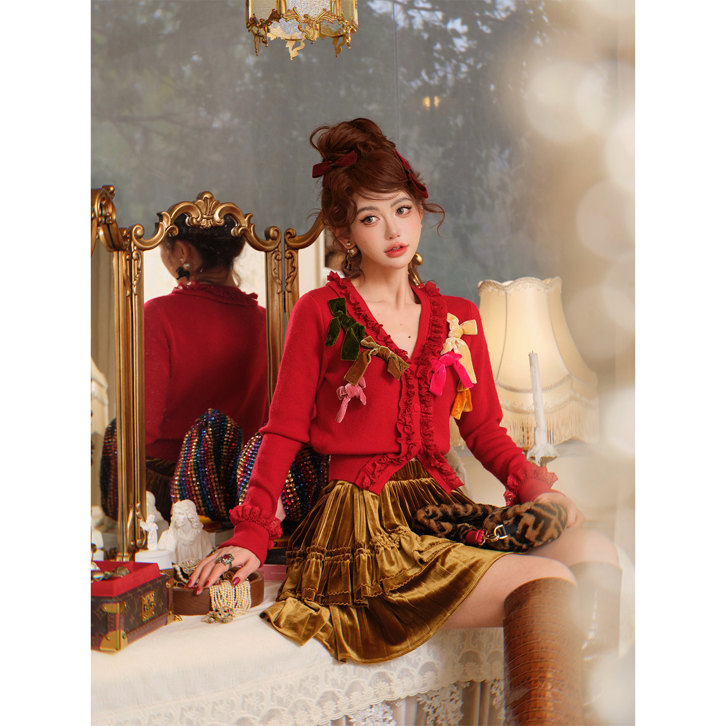 孙瑜儿【鬼马少女】木耳边蝴蝶结装饰v领针织开衫SY53G41140