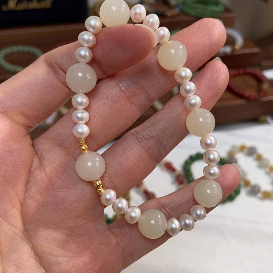 和田玉18K金镶嵌手链10mm藕粉双拼