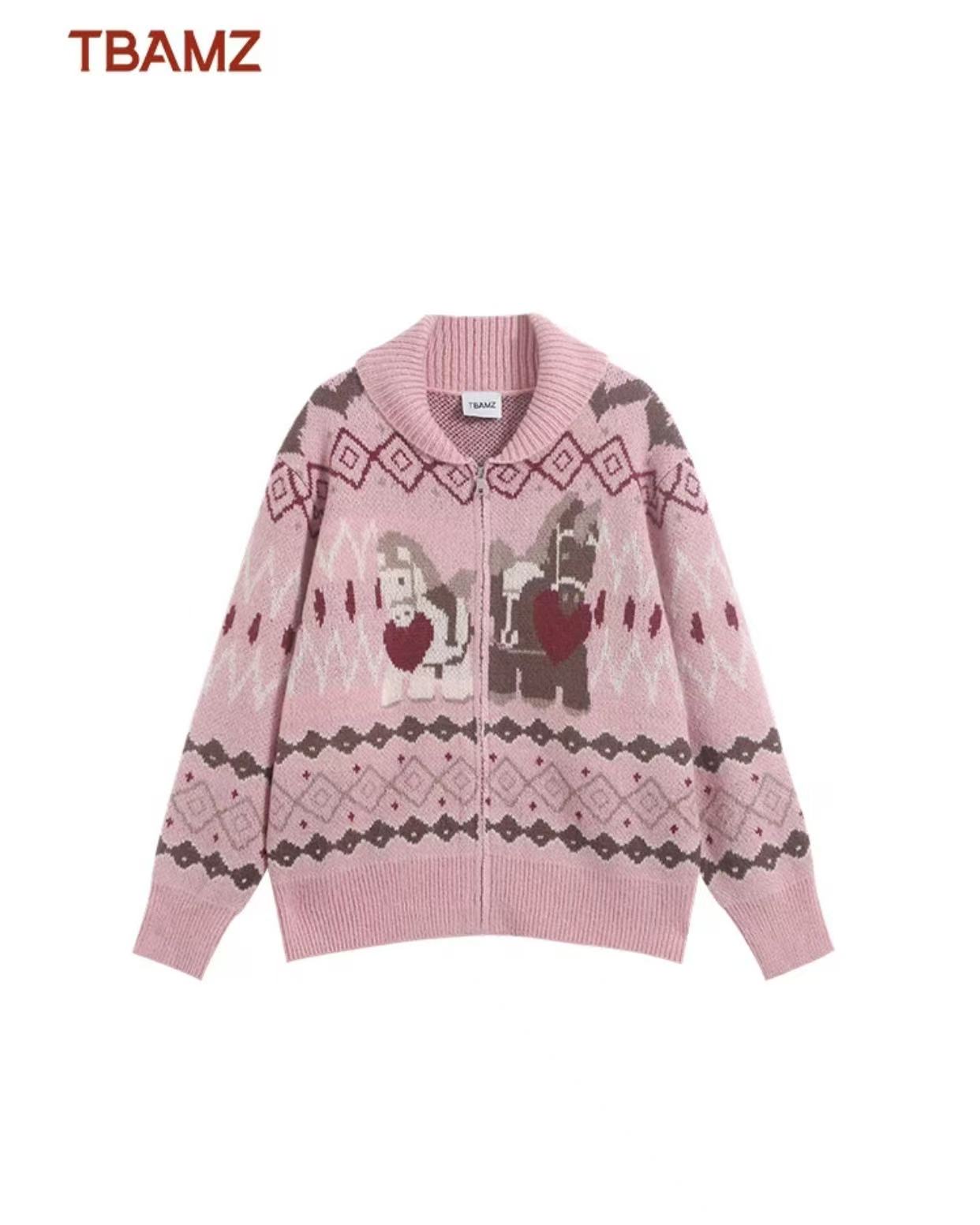 TBAMZ “马上有爱“费尔岛提花粉色毛衣外套