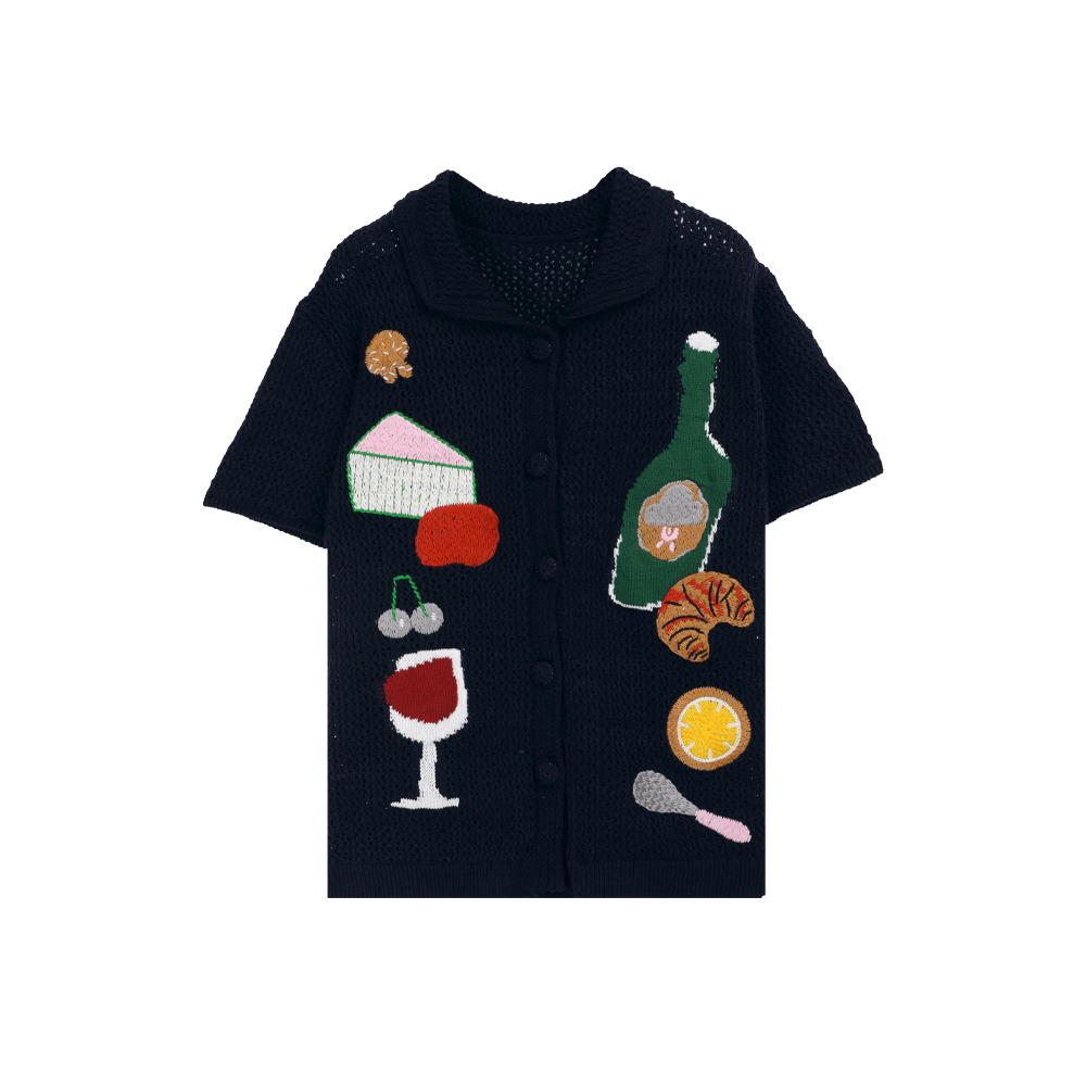 RAZZ52982夏季新款时尚宽松百搭趣味刺绣翻领短袖针织开衫女