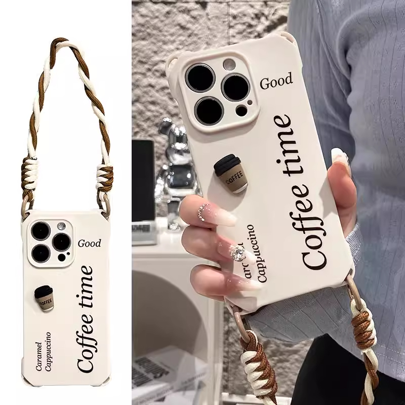 立体美式咖啡17苹果16手机壳防丢绳oppo华为荣耀小米vivo耐脏防摔