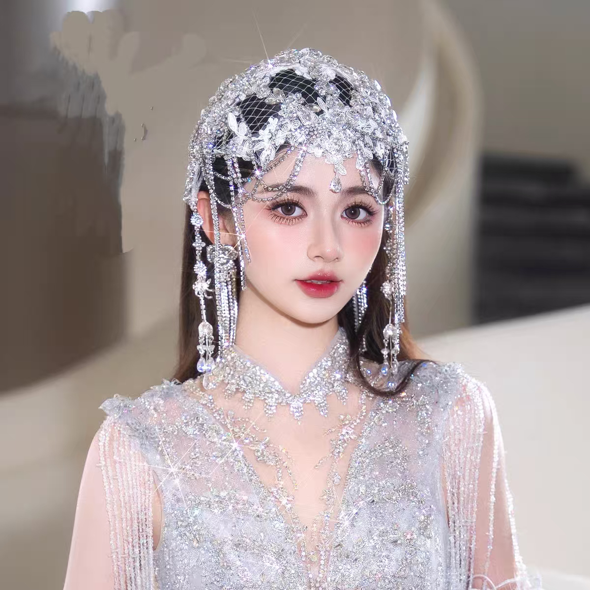 新款水钻绢纱流苏帽子发饰新娘婚纱礼服时尚复古百搭头饰配饰