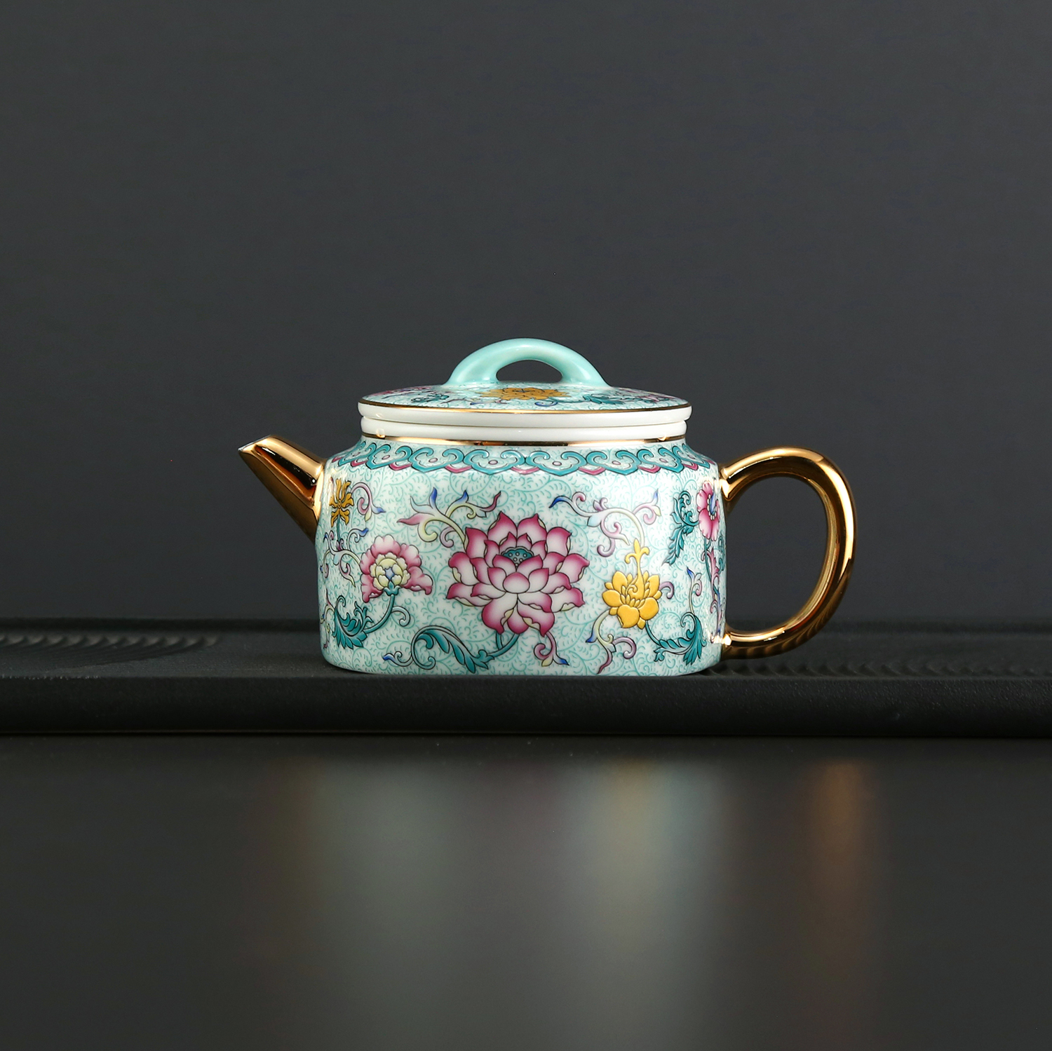 成艺珐琅莲韵汉瓦壶中式描金高档陶瓷泡茶壶