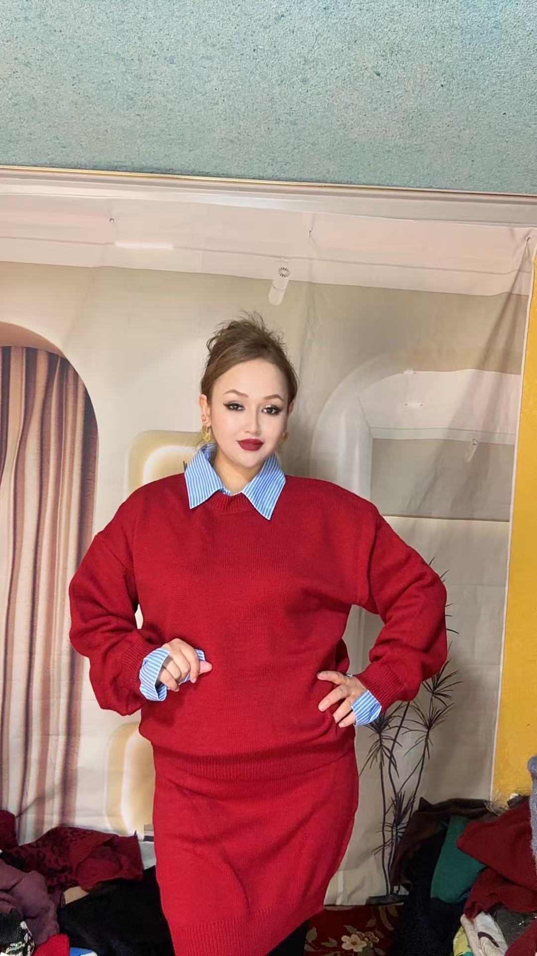 休闲风气质名媛时尚套装休闲毛衫卫衣针织红色套装