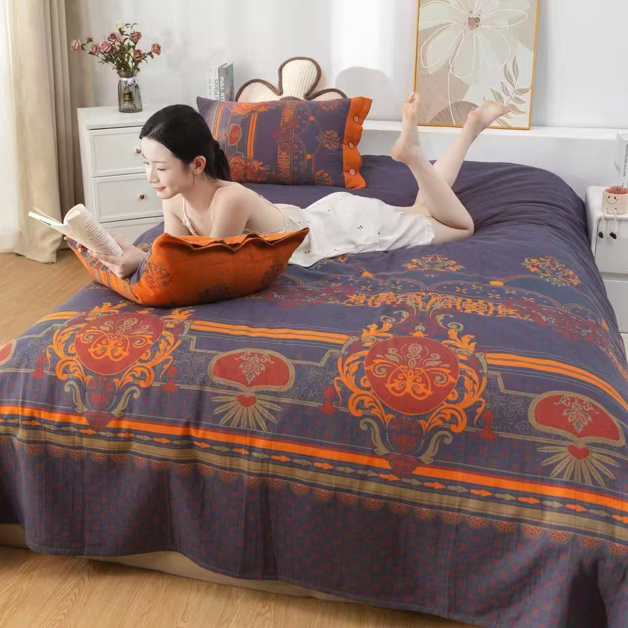 【万家灯火-三件套】全棉双层纱（一个床单+两只枕套）