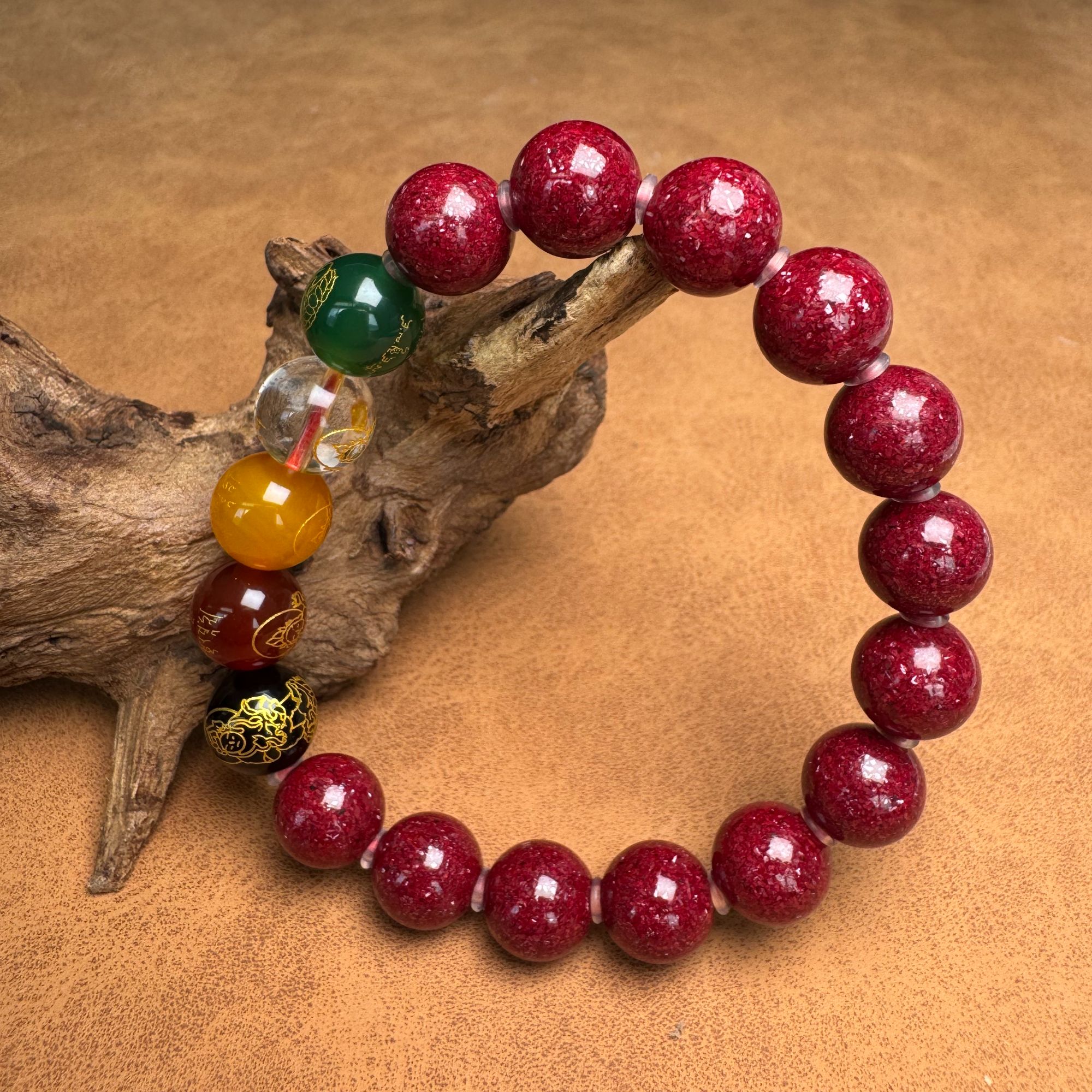 天然辰砂超红晶米晶五路财神手串高品米晶砂手串-颗粒感十足