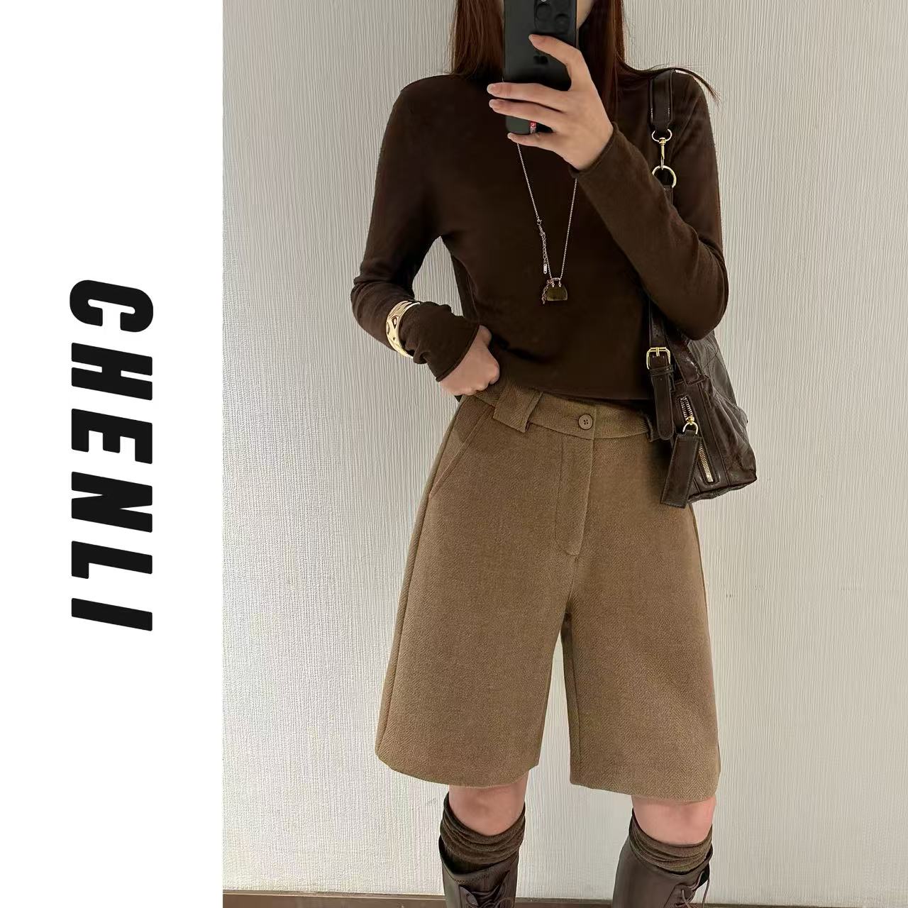 XiANJiE 2025【赫本午后短裤】撞色人字纹毛呢帅气直筒裤短裤