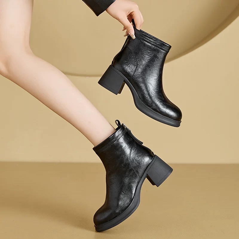 秋冬加绒真皮马丁靴2025年新款女士短靴厚底加绒靴子粗跟80068