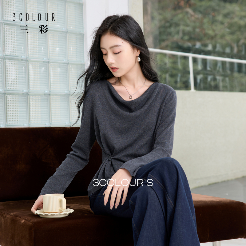 三彩2025初秋新款荡领收腰针织衫长袖纯色套头衫打底衫上衣女S