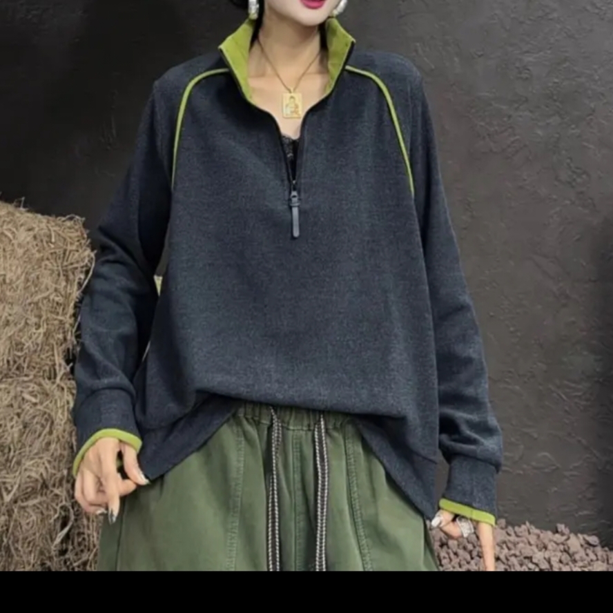 立领半拉链撞色双面德绒宽松减龄长袖卫衣女秋冬上衣