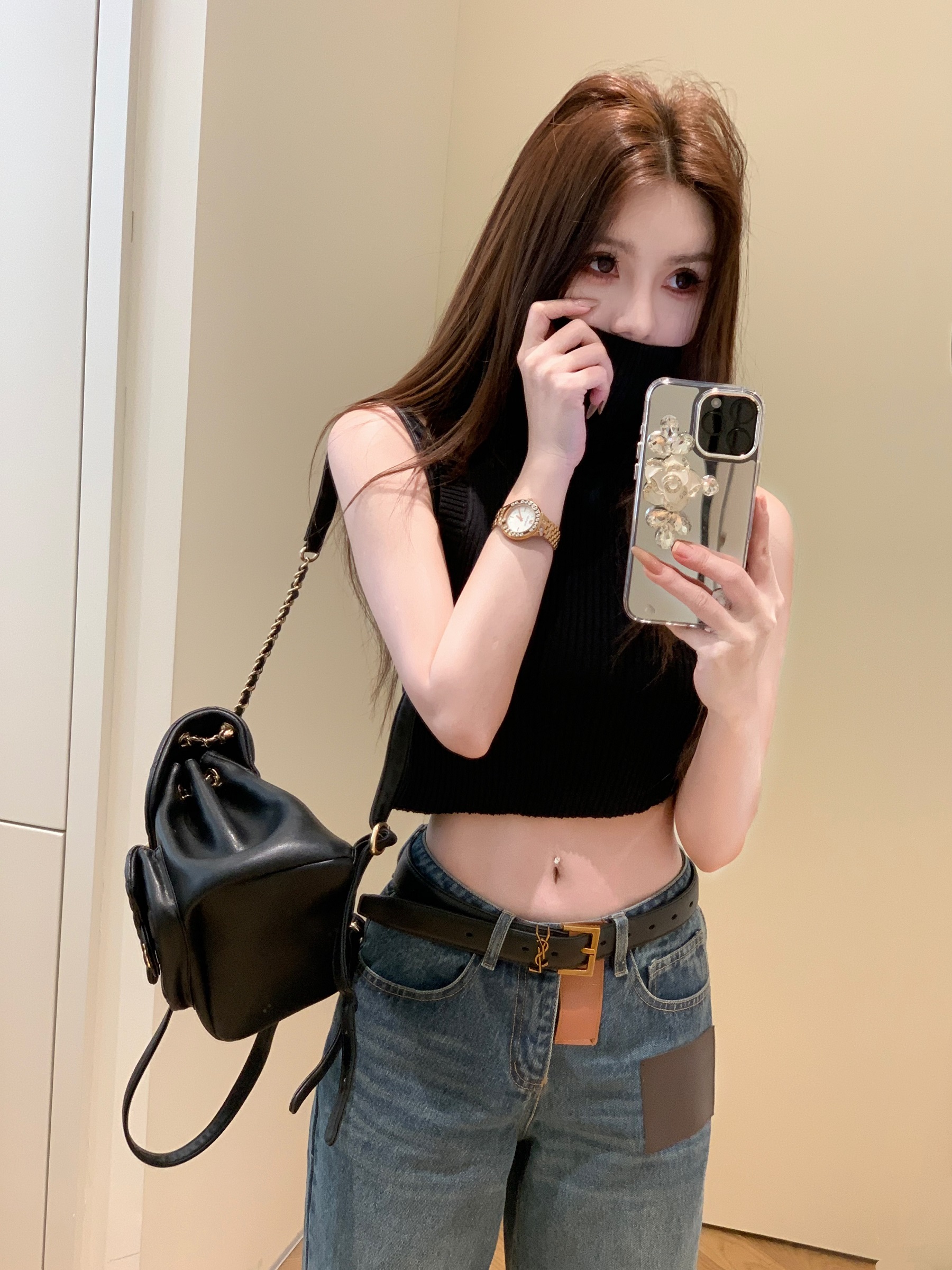 饺子一米五/辣妹风百搭高领针织背心