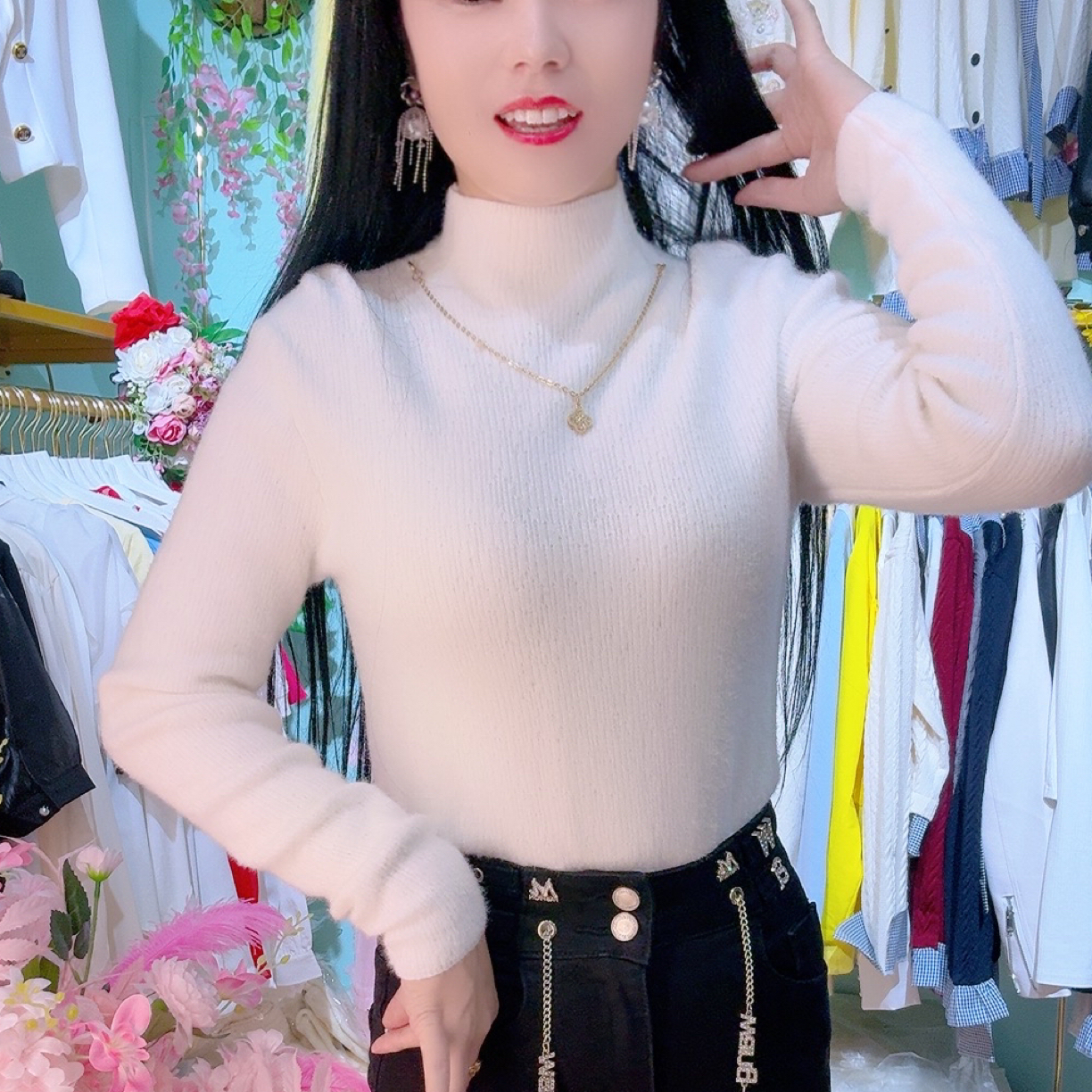 印花长袖纯色常规款春季毛针织衫毛衣半高领蕾丝修身