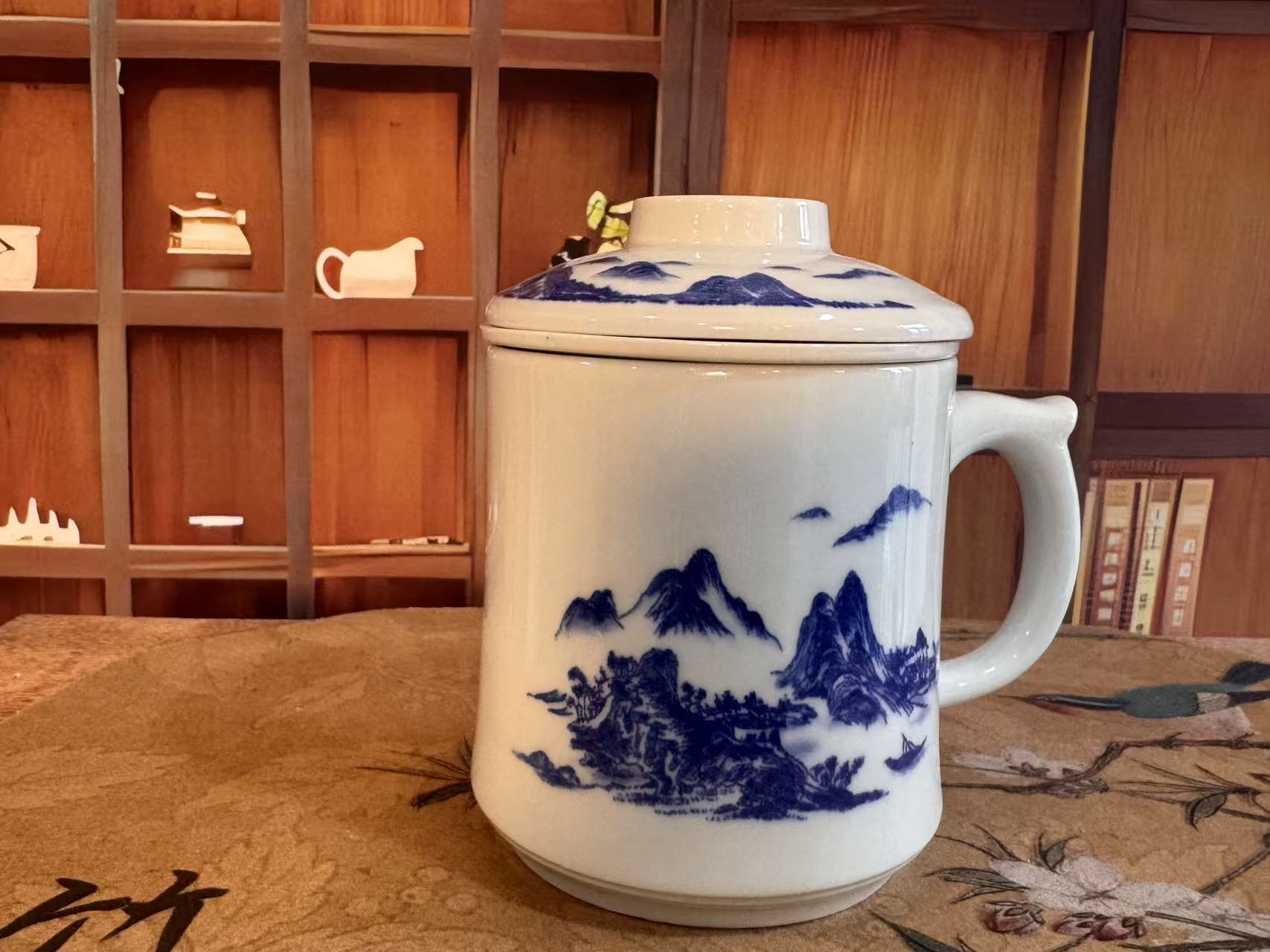 汝窑白瓷千里江山办公杯2168陶瓷家用茶水分离