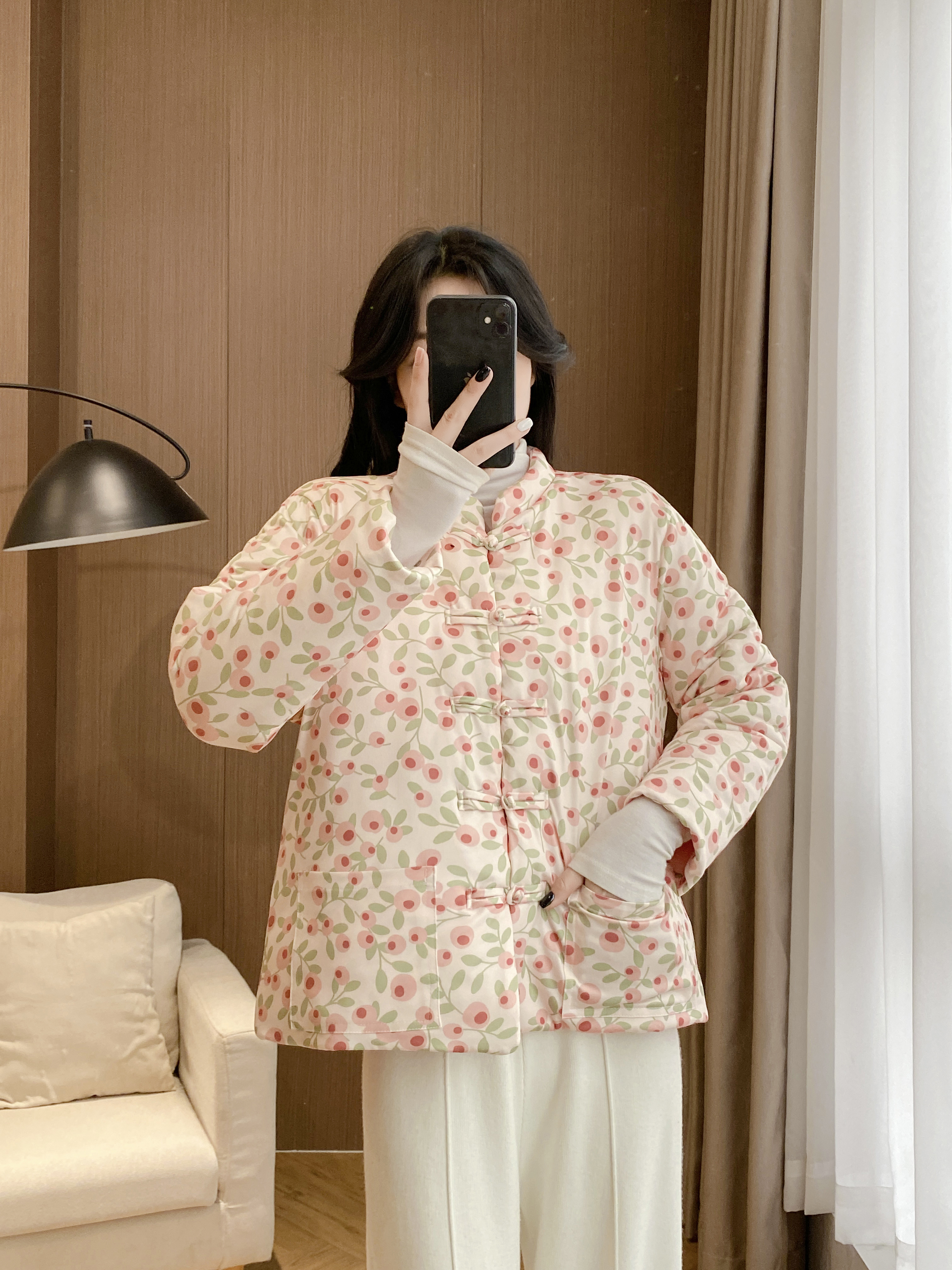 棉衣外套印染立领时尚长袖休闲盘扣上衣棉服女
