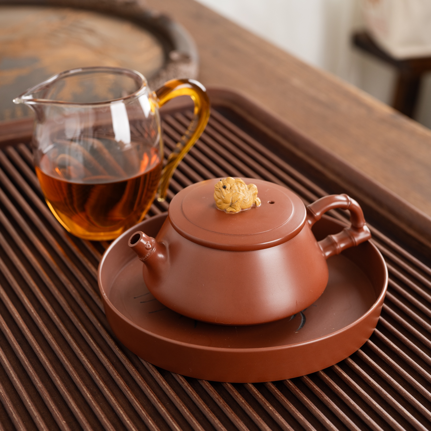 『竹节石瓢金蟾壶』坭兴陶茶壶黄泥堆雕多网孔实用茶壶230毫升11551