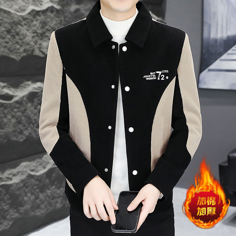 春秋冬季男士毛呢时尚休闲潮流修身帅气拼色翻领韩版百搭夹克外套