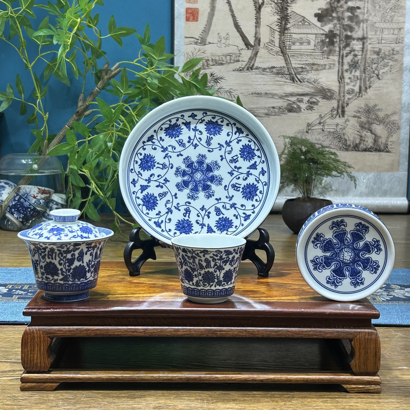 景德镇陶瓷青花梵文缠枝莲茶具套组整套茶器家用高端茶器功夫茶器