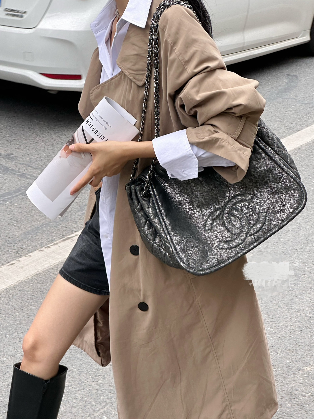 95新 Chanel/香奈儿 0957 Chanel深银色牛皮银链大双C托特包