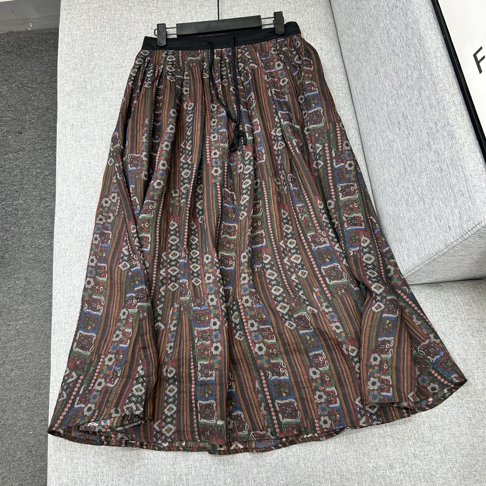 晕染苎麻【裙长88】半身长裙夏季内衬显瘦女装半身裙松紧腰大摆裙