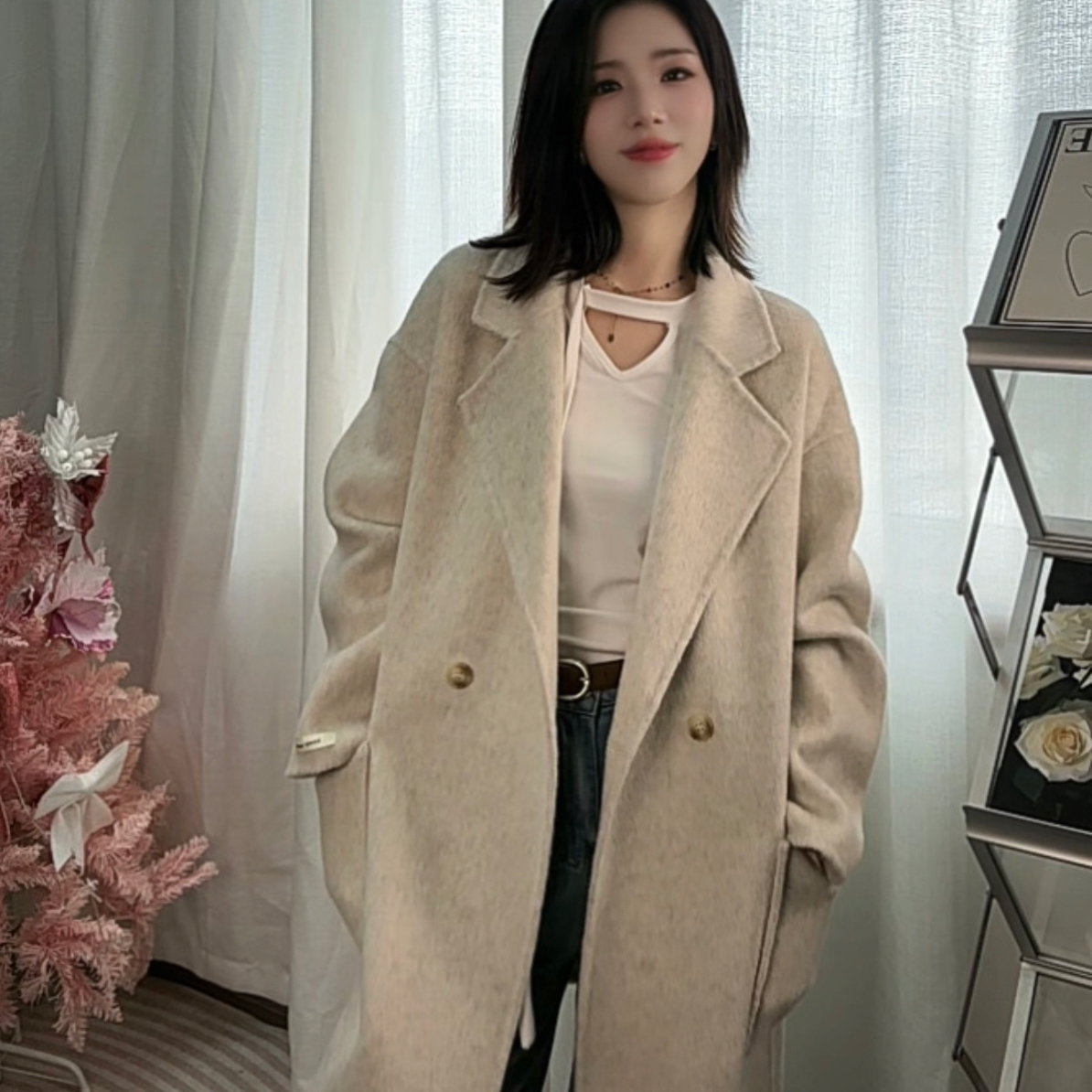 小个子气质双面羊毛大衣女秋冬新款天丝中长款外套