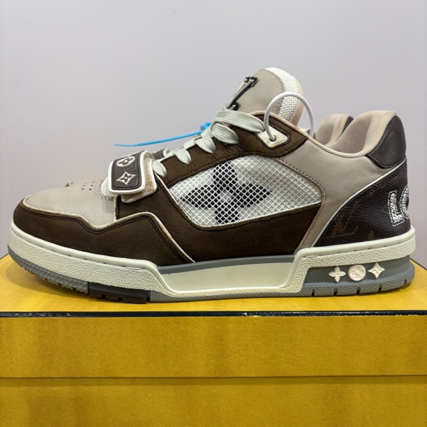 95新 LouisVuitton/路易威登 42.5码LV摩卡棕魔术贴运动板鞋