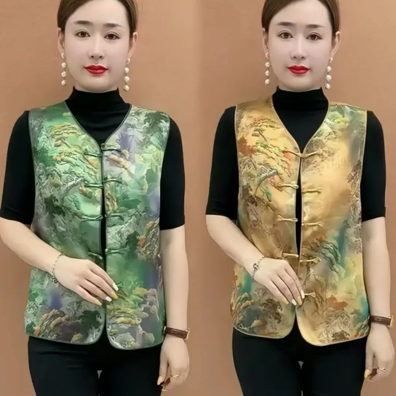妈妈装中式国风复古提花马甲外套女新款时尚坎肩背心无袖马夹上衣