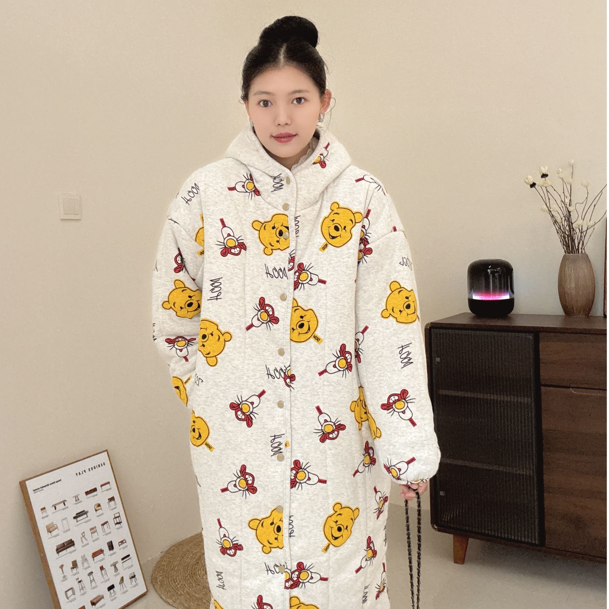 【小熊维尼】300g新疆棉连帽直筒大长款宽松家居服女保暖棉衣棉服冬