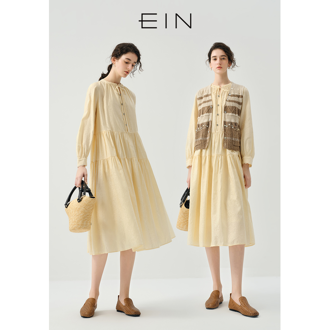 EIN/言文艺提花圆领系带长款连衣裙