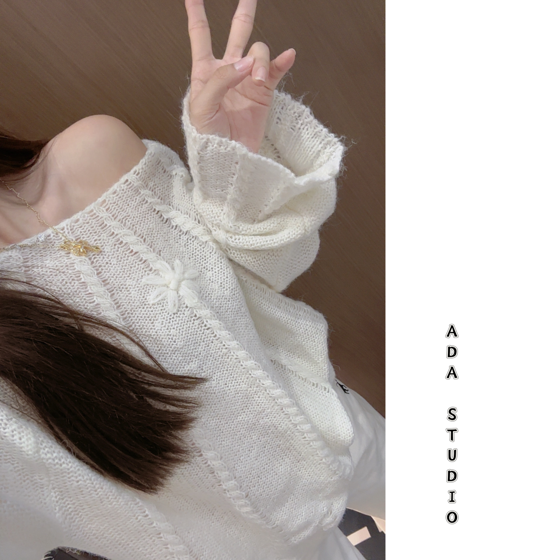 Ada定制【花语】花朵圆领镂空毛针织衫慵懒风纯欲风秋季法式女针织