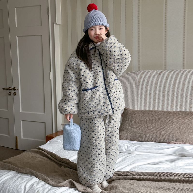 冬季儿童加绒加厚波点家居服女大童保暖套装6-12岁女孩可外穿睡衣