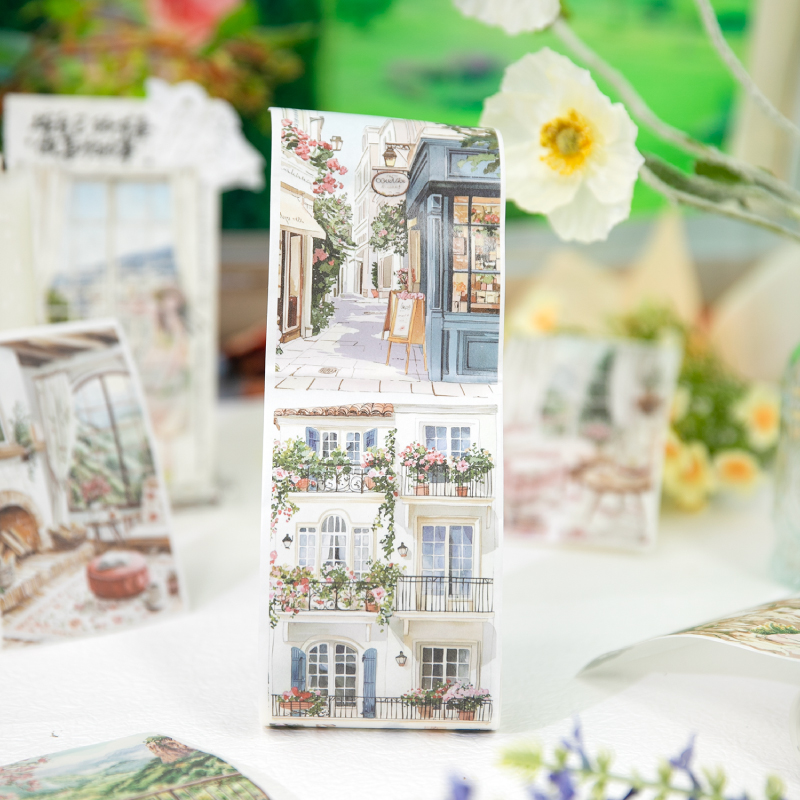 暮光 绿野漫游系列和纸长循环胶带 插画艺术人物街景天气拼贴 4款