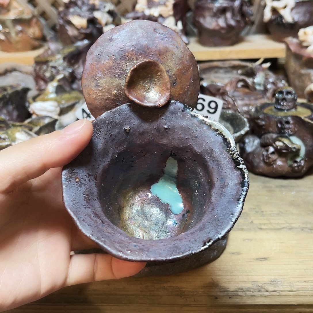 杯柴烧粗陶手捏盖碗