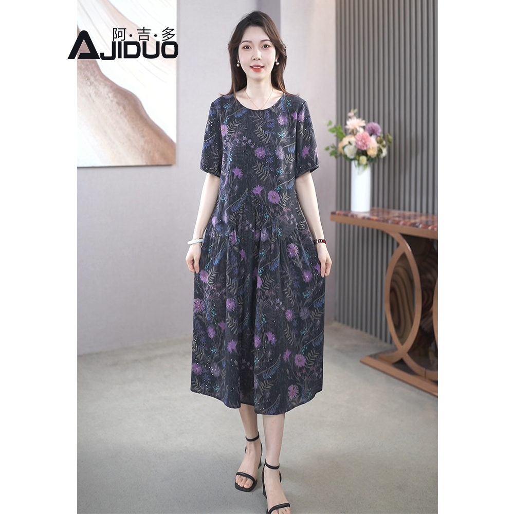 阿吉多A21676大码短袖碎花连衣裙女夏装宽松显瘦法式优雅印花裙子