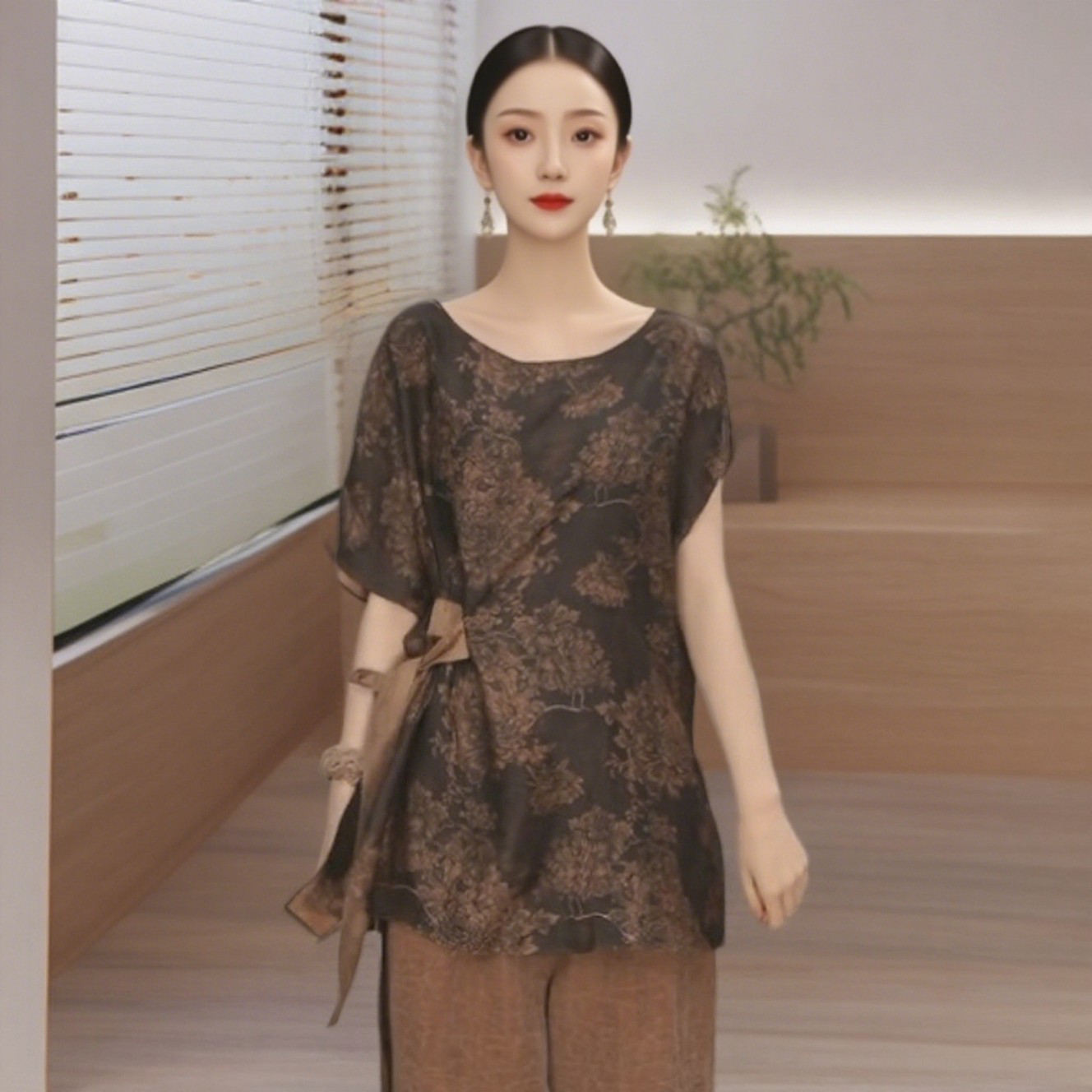 LN 2025新款新中式圆领深咖色香云纱提花国风上衣 2069