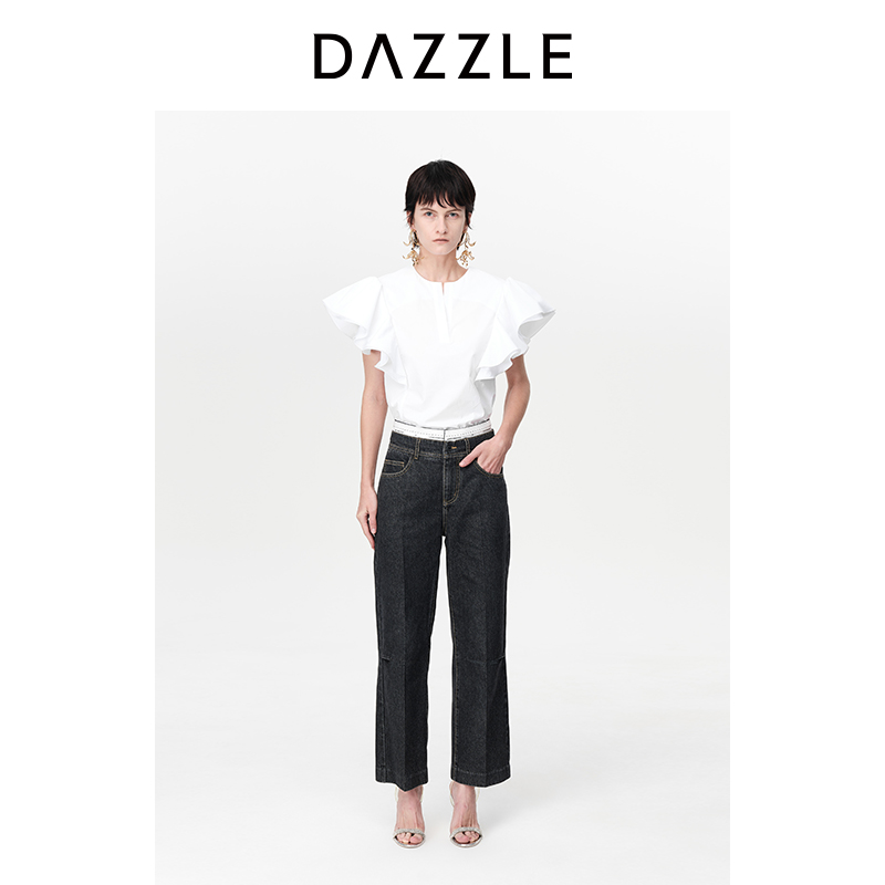 【刘亦菲同款】DAZZLE地素荷叶边夏装上衣法式短袖白衬衫女2H2D304