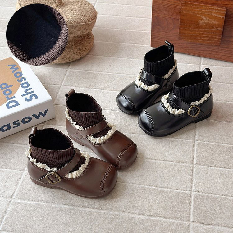 韩版女童加绒袜靴2025冬季洋气保暖儿童二棉短靴蕾丝公主皮靴