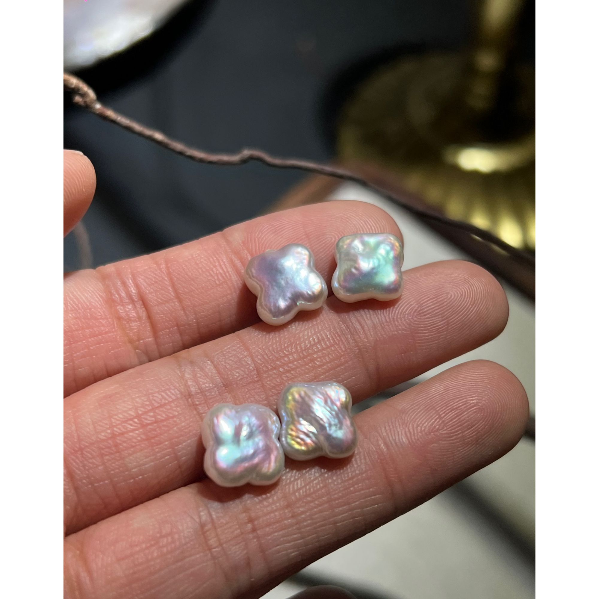 JUNMU天然淡水四叶草珍珠耳钉不规则异形巴洛克珍珠耳饰925银耳环