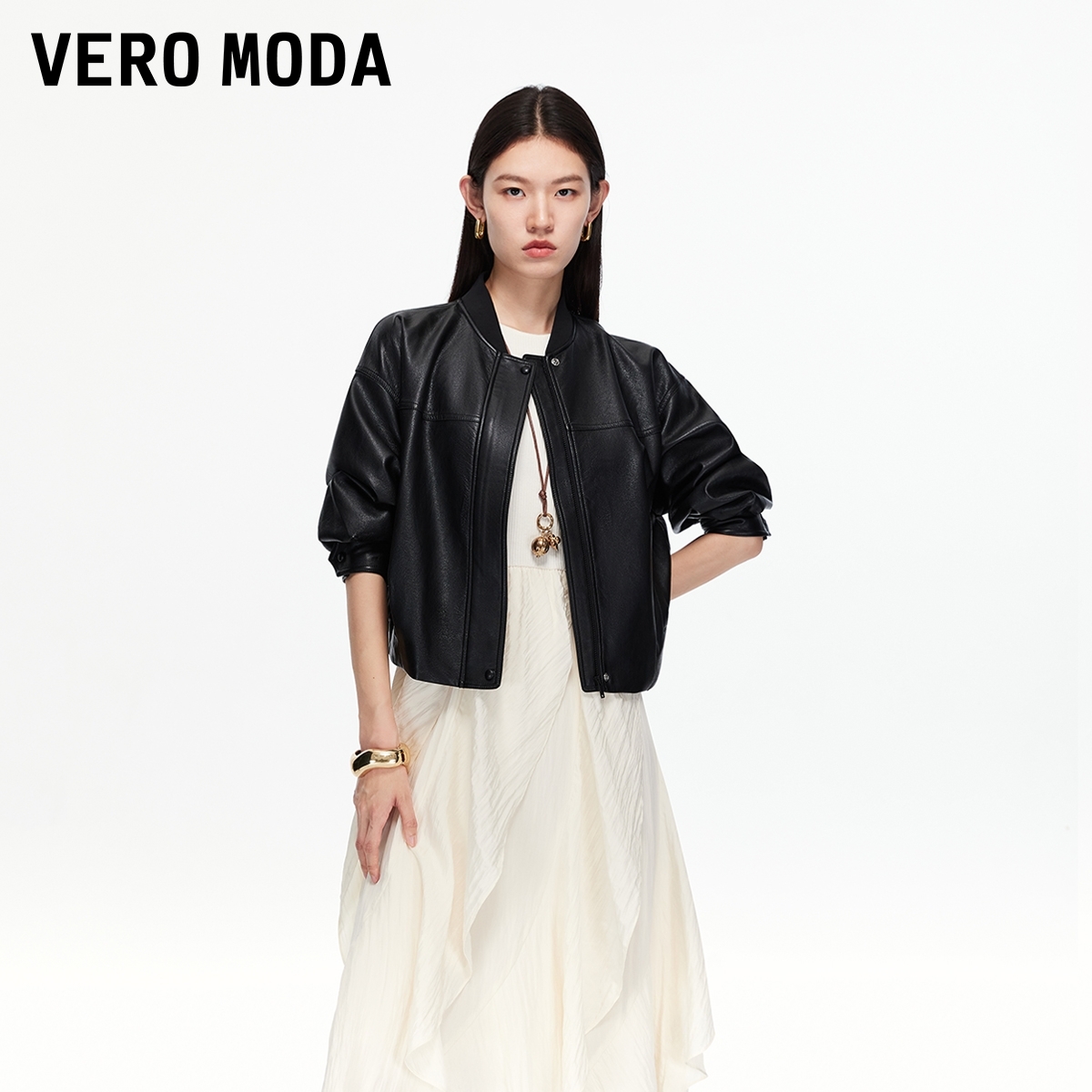 Vero Moda夹克2025冬季新款罗纹棒球领PU外套休闲时尚出游服装女