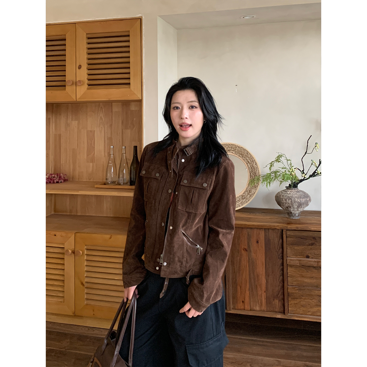 木子羊 美式复古麂皮绒立领机车夹克外套女宽松显瘦短款上衣外套