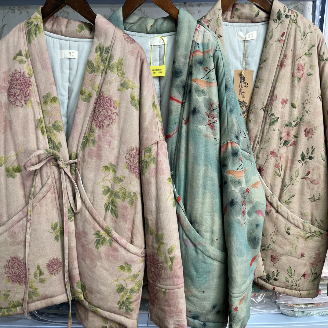 新中式国风斜纹棉加厚棉花棉服复古v领系带短款冬季外套茶服