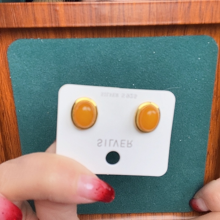 蜜蜡耳饰银S925镶嵌耳钉