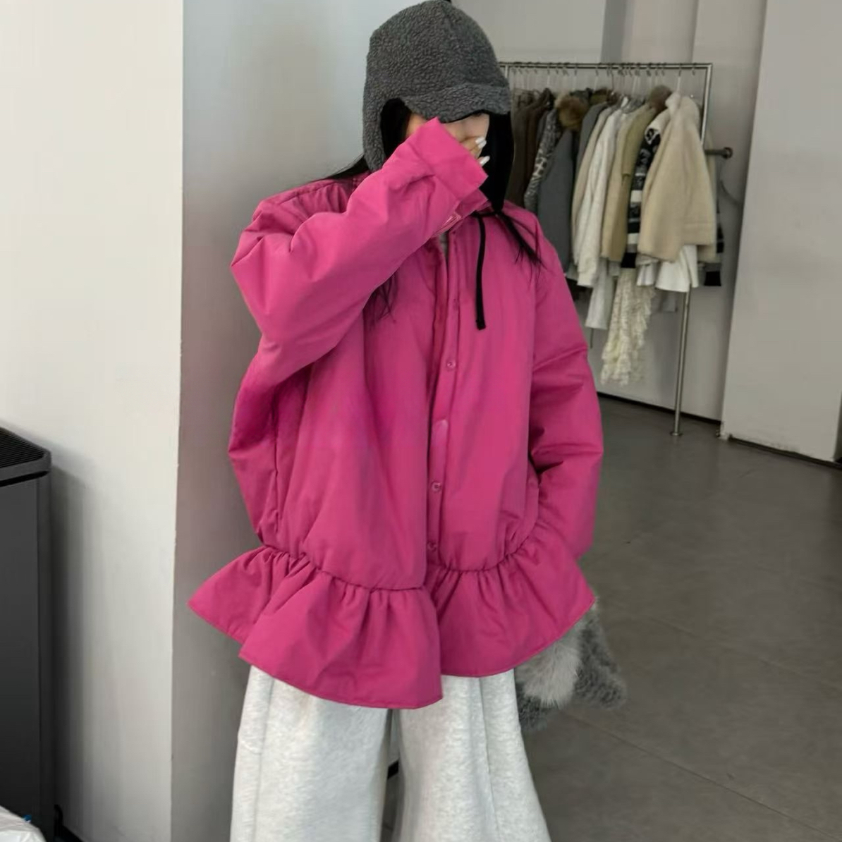 62388#【東Room】2025冬季韩版宽松慵懒荷叶边夹棉衬衣女