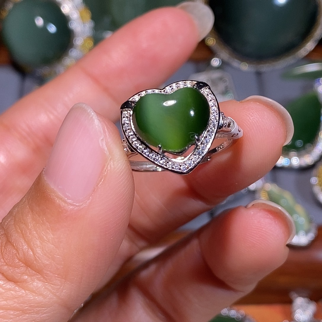 和田玉（碧玉）银S925镀金镶嵌戒指