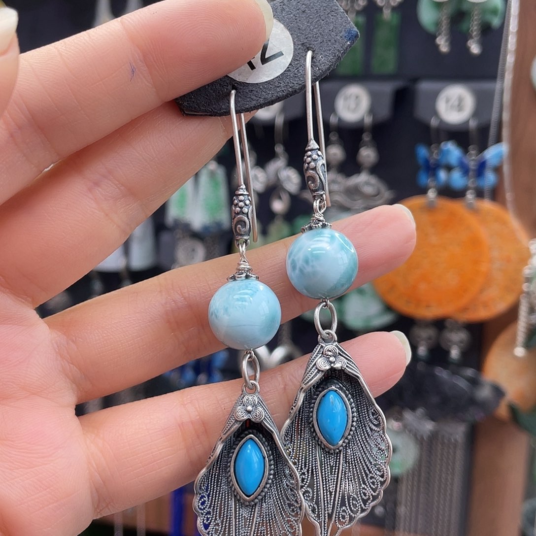 银S925镶嵌针钠钙石（海纹石）耳饰用****1102yh