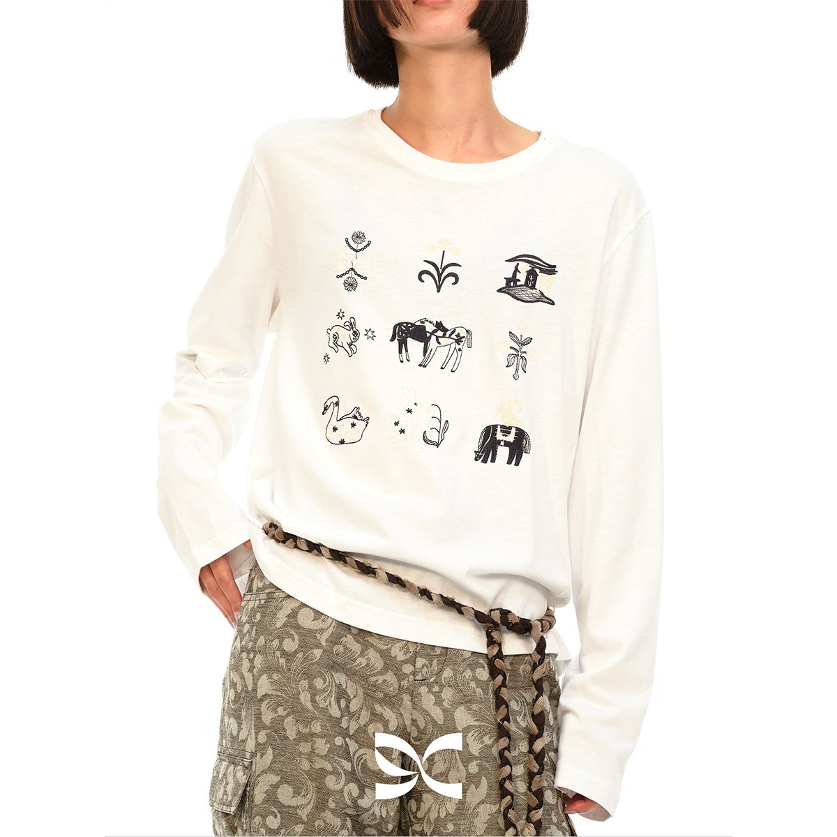 squarecircle方圆九宫格原创图案刺绣汉麻棉长袖T恤