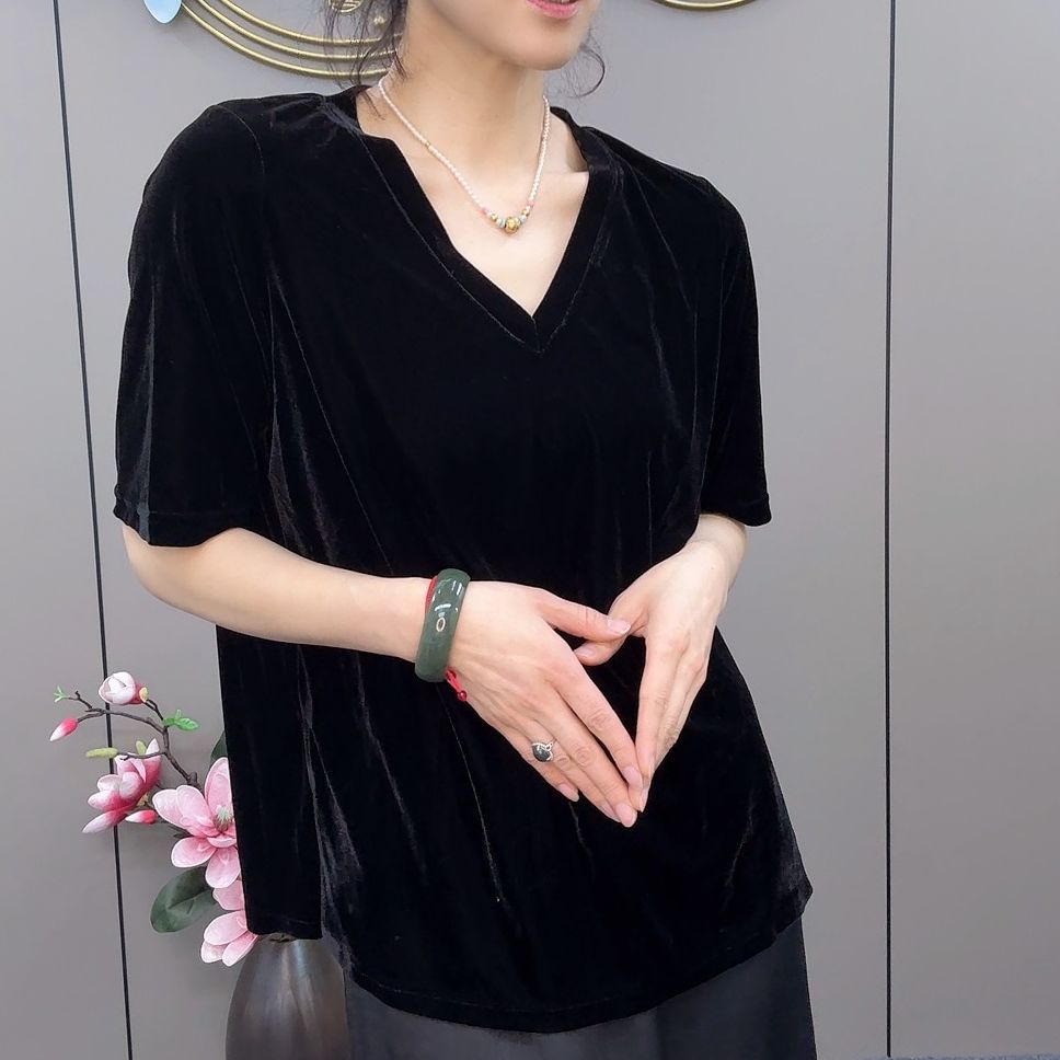 三姐家2025春款新中式V领丝绒短袖上衣
