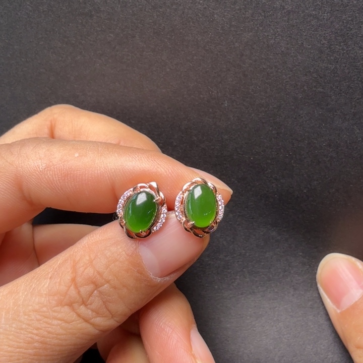 和田玉（碧玉）银S925镀金镶嵌耳饰