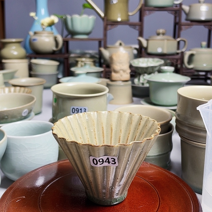 折扇杯柴烧仿古天青釉