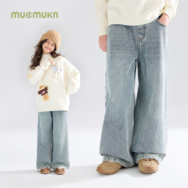MUCMUKN 复古儿童绣花软牛仔裤子保暖一体绒女童冬新M54XK5835