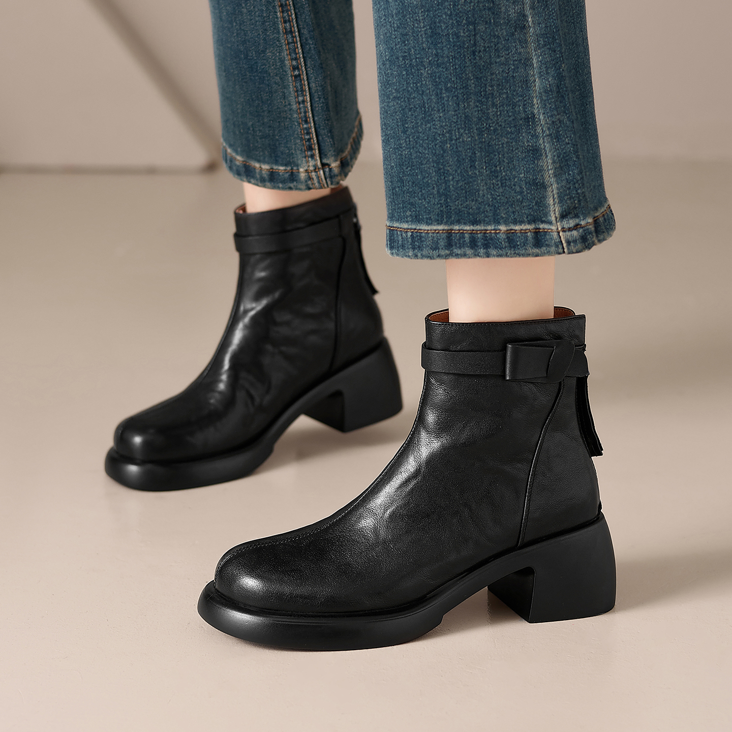 【6.5cm/牛皮】复古真皮软底高跟短靴秋冬款粗跟厚底防水台KT3271